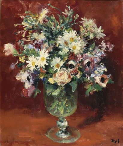 MARCEL DYF (1899-1985) Bouquet de fleurs sur fond rouge
Huile sur toile, signée en...