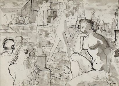 Paul DELVAUX (1897-1994) Femmes et ruines, 1942
Lavis signé et daté en bas à droite
H....