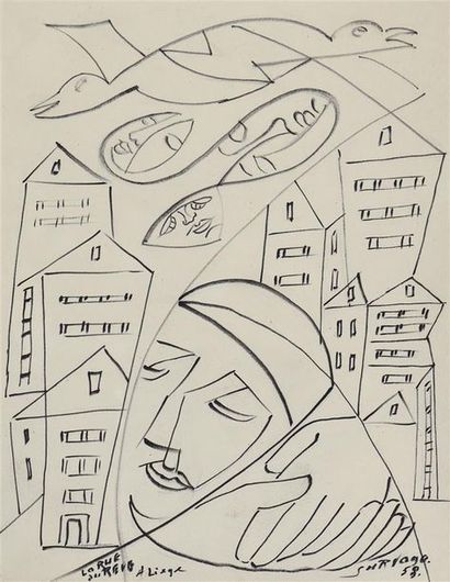 Leopold SURVAGE (1879-1968) La rue du rêve à Liège, 1958
Dessin au feutre, signé...