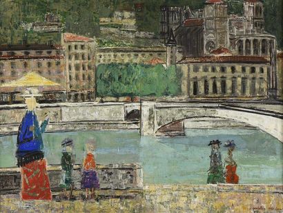 Crikor GARABETIAN (1908-1993) Lyon, promenade sur les quais de Saône, face à la Cathédrale...