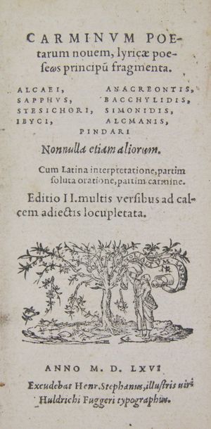 [ESTIENNE (Henri)]. Carminum poetarum novem lyricae.
(Genève), Henri Estienne, illustris...