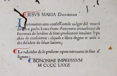 ANTONIN PIEROZZI DE FORCIGLIONI. CONFESSIONALE.
Bologne, Balthazar Azoguidus, 1472.
Petit...
