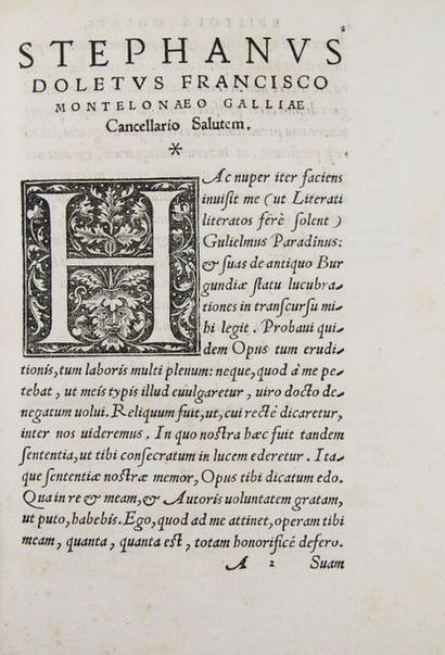 PARADIN (Guillaume). De Antiquo statu Burgundiae liber.
Lyon, Etienne Dolet, novembre...