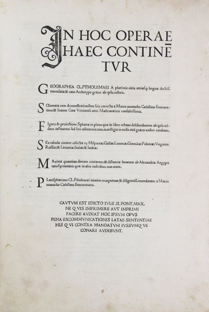 PTOLEMEE. [Geographia].
Rome, Bernardinus Venetus pour Evangelista Tosinus, s.d....