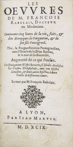 RABELAIS. Les oeuvres.
Lyon, Jean Martin, 1599.
In-12, basane, dos très orné (reliure...