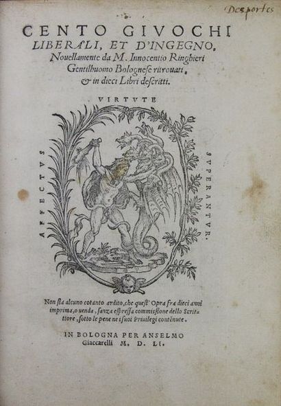 RINGHIERI (Innocento). Cento Giuochi liberali et d'Ingegno.
Bologne, Anselmo Giaccarelli,...