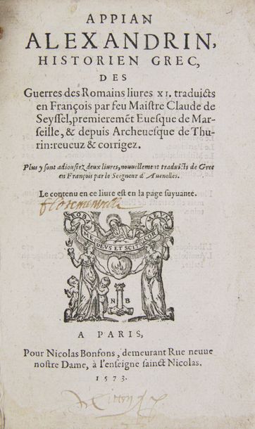 APPIAN (Alexandrin). Des guerres des romains livre XI.
Traduicts en françois par...