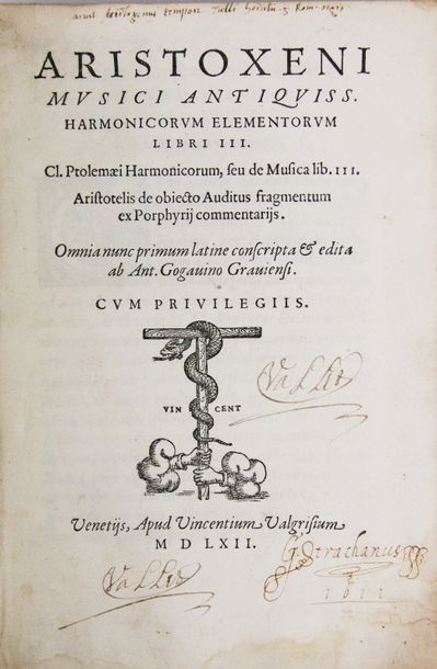 ARISTOXENE. Harmonicorum elementorum libri III. Cl. Ptolemaei
Harmonicorum, seu de...