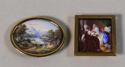 null Lot de deux miniatures sur porcelaine, l'une ovale représentant un paysage animé...