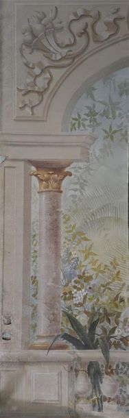 null Toile peinte, vers 1880, grande baie voutée soutenue par de colonnes de marbre...