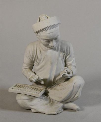 null Jeune chinois au boulier assis en tailleur Sculpture en biscuit de porcelaine...