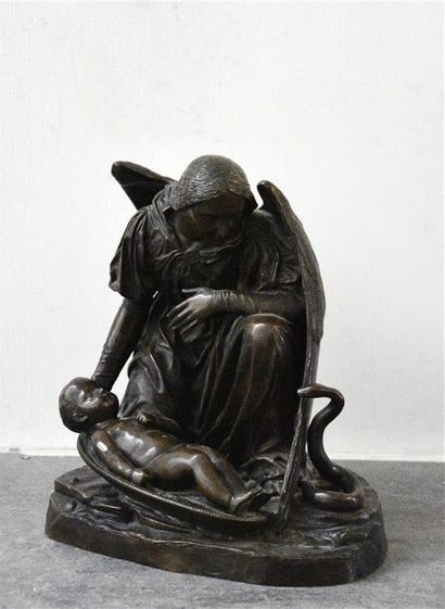 null D'après Antoine DESBOEUFS ( 1793-1862) L'ange gardien Bronze à patine brune,...