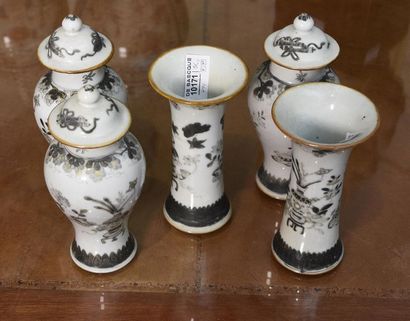 null CHINE, XIXe siècle
Garniture de cheminée comprenant trois pots balustre couverts...