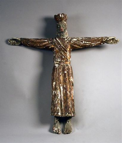 null Roi crucifié Sculpture en bois laqué et doré XIXe siècle H. 66 cm Sauts de laque...