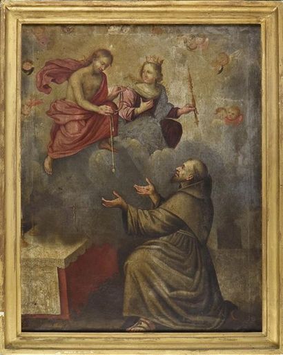 null Ecole FRANCAISE du XVIIe siècle Le Christ et la Vierge remettant à saint François...