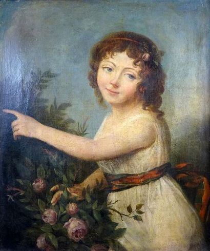 null Ecole de la fin du XVIIIe siècle Jeune fille au rosier Huile sur toile H. 60...