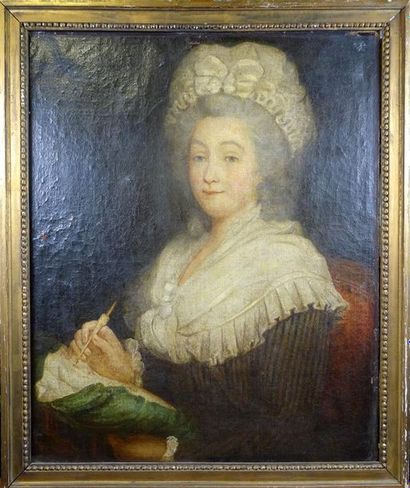 null Ecole de la fin du XVIIIe siècle Portrait de femme à la broderie Huile sur toile...