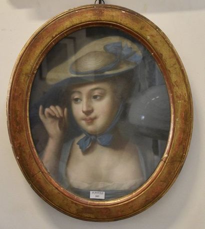 null Ecole FRANCAISE vers 1800 Jeune femme au chapeau de paille Pastel sur papier...