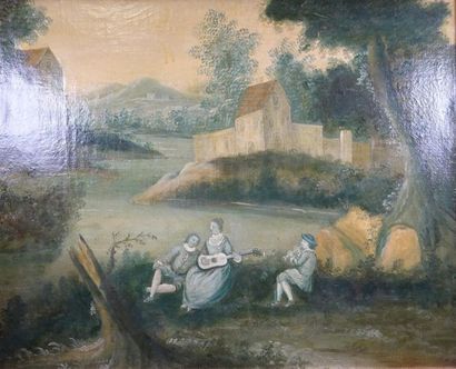 null Ecole SUISSE de la fin du XVIIIe siècle Paysage animé de musiciens en grisaille...