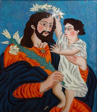 null Ecole du XIXe siècle Joseph et l'enfant Jésus Fixé sous verre H. 40 cm L. 35...