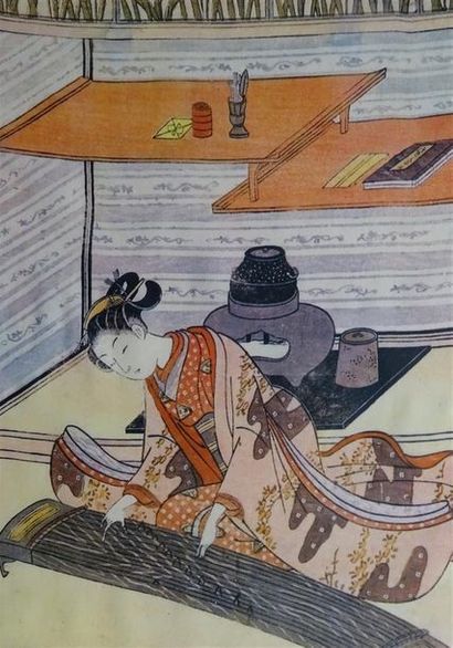 null JAPON - XXe siècle Lot de cinq reproductions sur tissu d'estampes japonaises,...