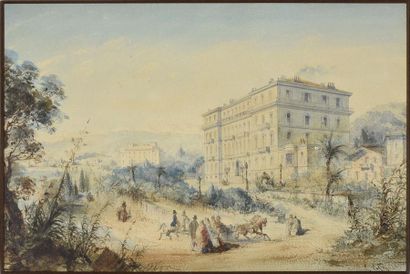 null Ecole FRANCAISE ou ITALIENNE du XIXe siècle Vue de l'Hôtel de Nice Aquarelle...