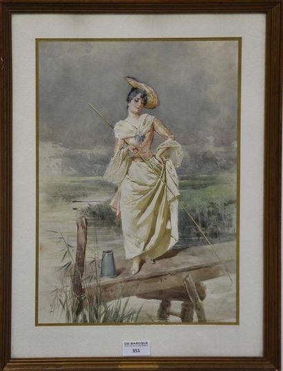 null Manuel ORAZI (1860-1934) Jeune femme à la canne à pêche sur un ponton Aquarelle...