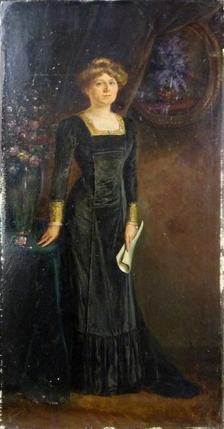 null J. VASQUEZ (XIXe siècle) Portrait en pied d'élégante Huile sur panneau, signée...