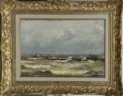 null Louis ARTAN ( 1837 - 1890) Vagues sur la digue Huile sur toile signée en bas...