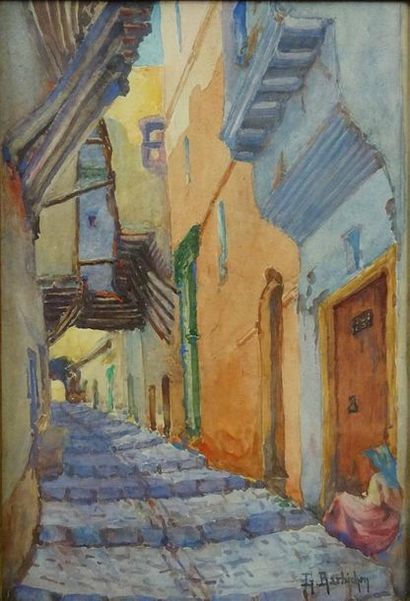 null Gustave BARBICHON (1866-1947), Ecole orientaliste Rue de la Kasbah animée aquarelle,...