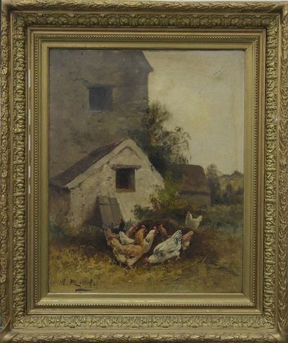 null Charles MARECHAL (1865-c.1931) Poules devant le poulailler Huile sur toile signée...
