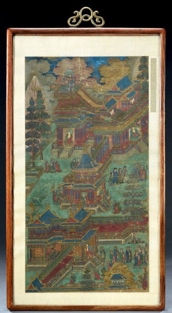 CHINE - Époque MING (1368- 1644) Cité du temple Bouddha
Peinture sur tissu couleur...