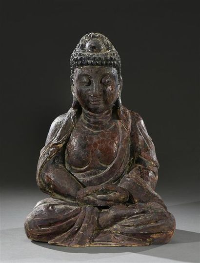 CHINE DU SUD - XVIIIe siècle Bouddha assis en position de méditation, en bois laqué...