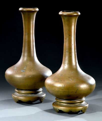 CHINE DU SUD - Fin du XIXe siècle Paire de vases en bronze, de forme bouteille à...