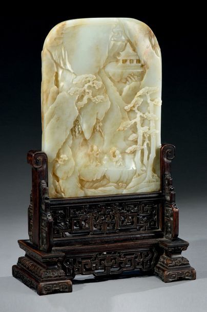 CHINE - XIXe siècle Importante plaque de jade légèrement céladonné, et comportant...