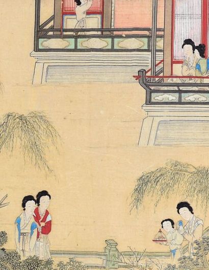 CHINE - Début du XIXe siècle Aquarelle sur tissu à décor de scènes de cour, représentant...