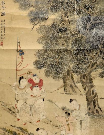 CHINE - XIXe siècle Peinture sur papier en panneau, à décor d'un jardin d'enfants,...