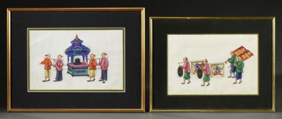 INDOCHINE - Vers 1900 Paire de peintures sur papier de riz représentant des scènes...