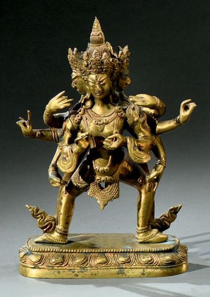 INDE - Début du XXe siècle Divinité bouddhique «sauveur du monde» en bronze, à quatre...
