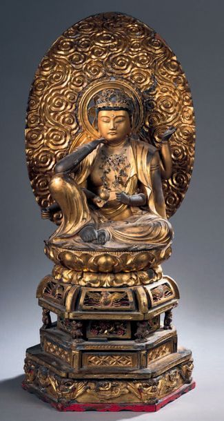 JAPON - Époque EDO (1603- 1868) Statue en bois laqué or de Shyaka Nyorai dans une...