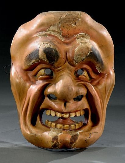 JAPON - Fin d'époque EDO (1603- 1868) Masque de théâtre Kyogen, en bois sculpté laqué...