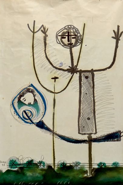 Manfredo BORSI (1900-1967) Couple à l'enfant, 1955
Technique mixte, pastel, aquarelle,...