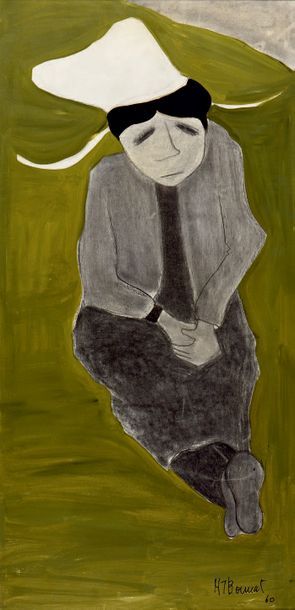 Marie-Thérèse BOURRAT (née en 1938) Bretonne assise sur la lande, 1960
Gouache, fusain...