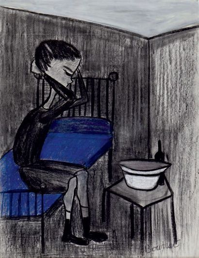 Marie-Thérèse BOURRAT (née en 1938) Le lit bleu, circa 1958
Pastel, fusain et gouache,...