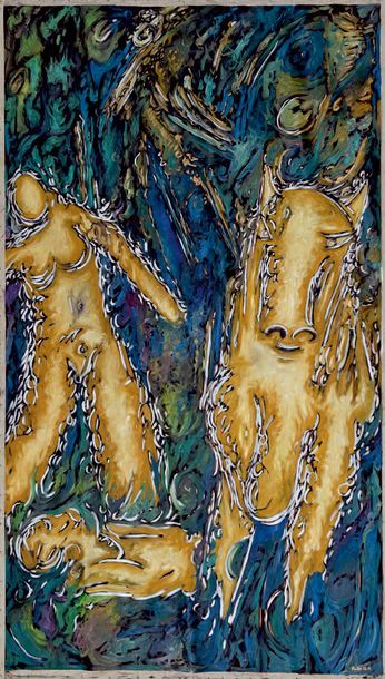 Alain POUILLET (né en 1953) Baigneuses
Triptyque composé de trois toiles non montées,...