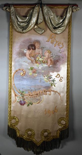 null Bannière de récompense, Fêtes de Cannes, 1906, décor peint sur satin représentant...