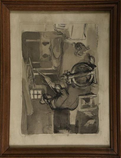 null André JACQUES (1880 - 1960) Femme à la quenouille, 1923 Dessin au lavis de gris...