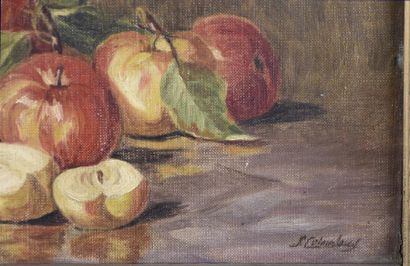 null Ecole FRANCAISE du XIXe siècle Nature morte aux pommes Huile sur toile marouflée...