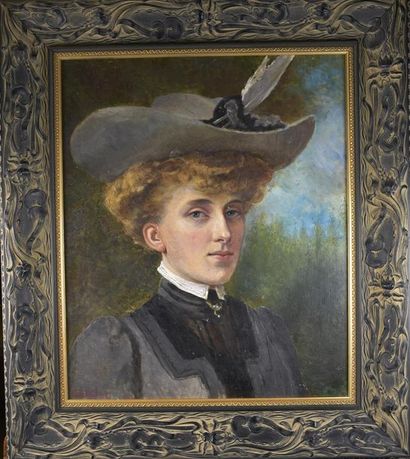 null Ecole ANGLAISE de la fin du XIXe siècle Portrait de femme au chapeau Huile sur...