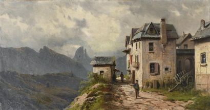 null Emile GODCHAUX (1860-1938) Le hameau dans la montagne Huile sur toile signée...